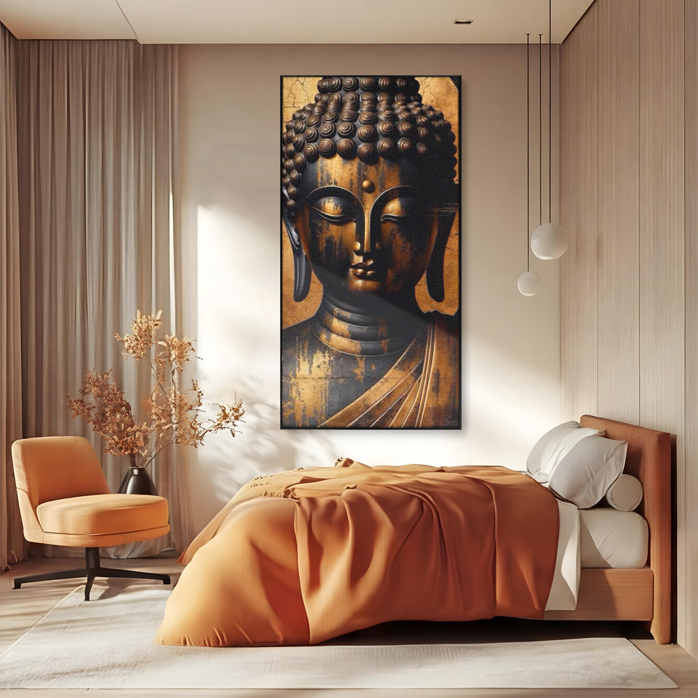 Tablou canvas cu tablou canvas cu capul lui buddha, in rama de aluminiu negru, pe perete intr-un dormitor